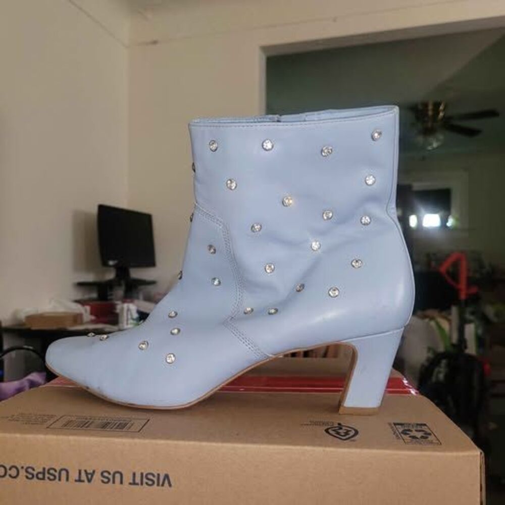 Light Blue Leather Rhinestone Ankle Boots Size 11M
